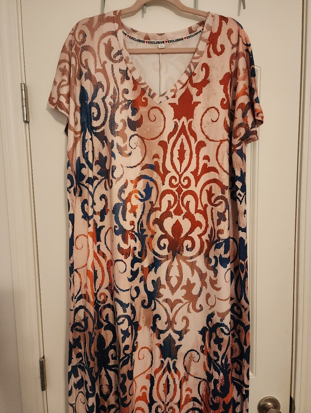 Exclusive V-Neck Printed Maxi Dress Cream, Navy & Rust Scroll Print XXL Stretchy